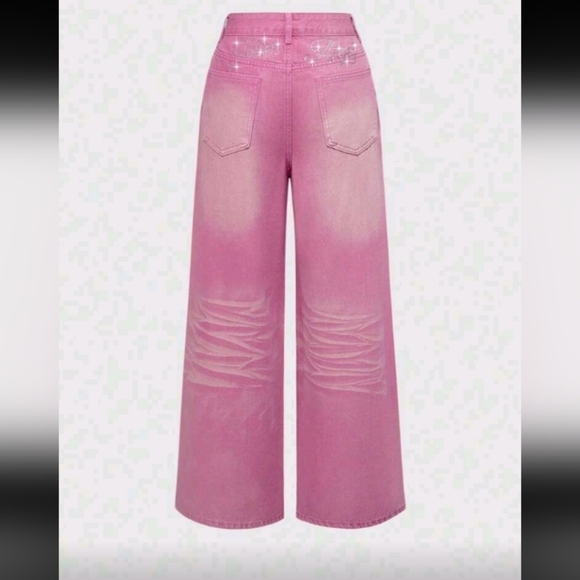 None Denim - Stylish Pink Wide-Leg Women Jeans With Rhinestone Worn Once